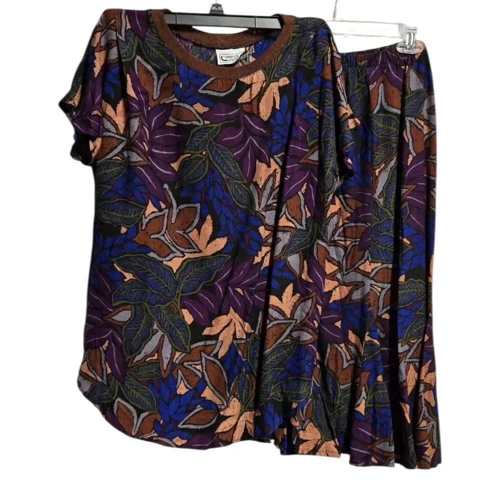 Boho Matching Set Medium Floral Skirt & Top Earth Tone Vintage Cottagecore Chic